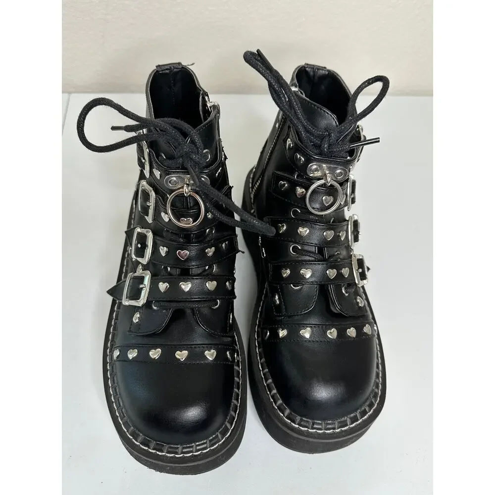Demonia Emily 315 Boots Womens 7 Black Platform Heart Studs Buckle Strap Lace Up